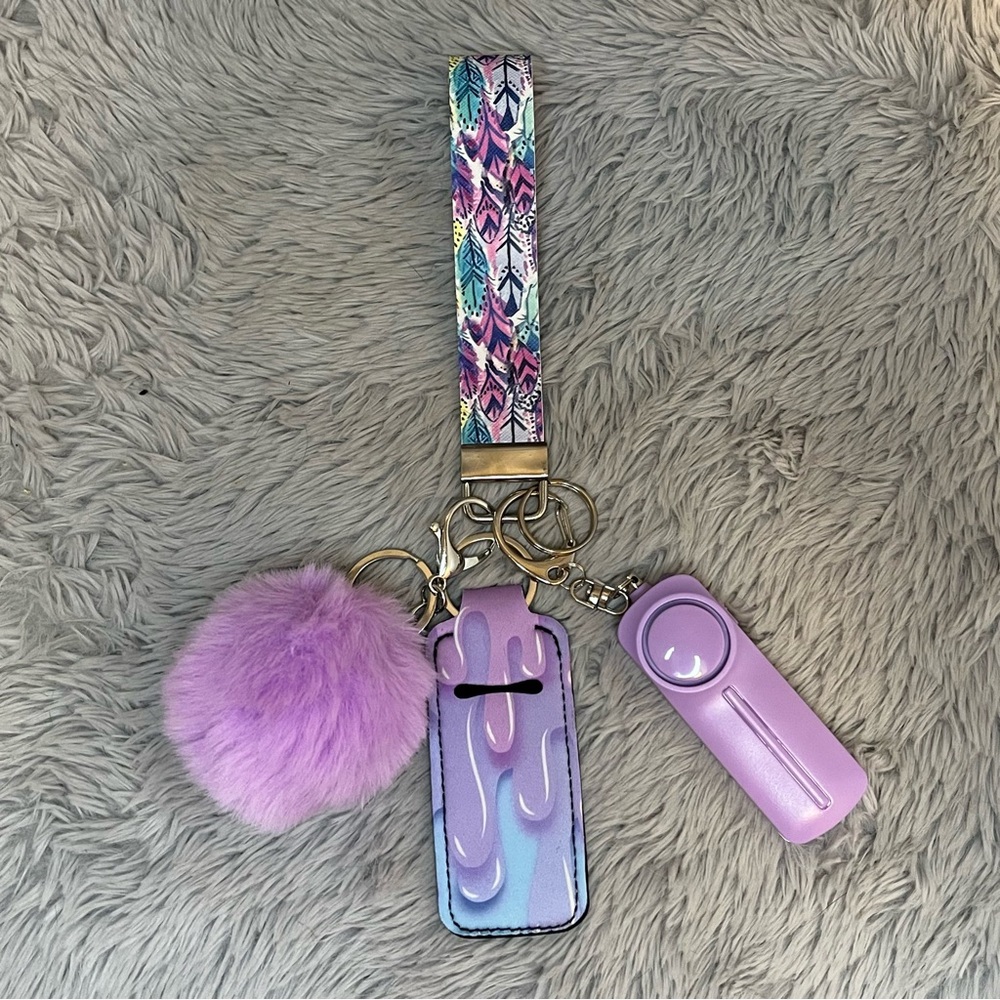 Handmade Faux Leather Purple feather Wristlet Keychain Accessory Set